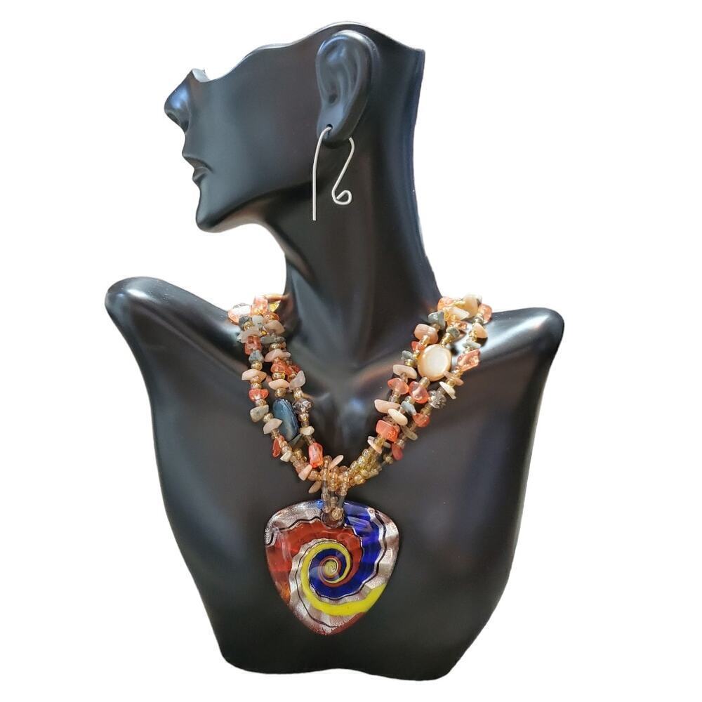 CJ Women Multilayered Glass Bead Resin Swirl Design Textured Pendant Necklace